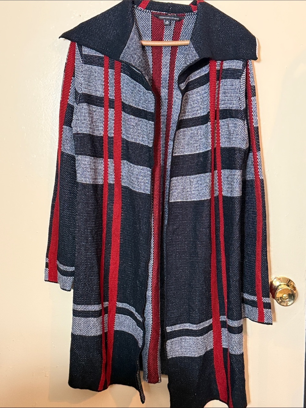 Signature Studio Black, Gray & Red Striped Open-Front Coatigan